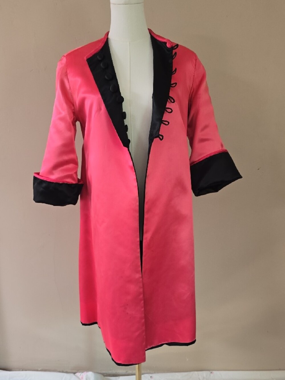 Handmade Vintage Black And Hot Pink Satin Medium Length Dress Coat, Pink Trim
